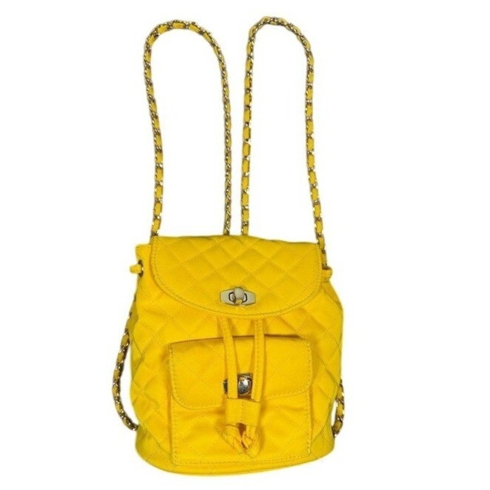 Forever 21 Yellow Quilted Mini Backpack Gold Chain Straps Turn Lock Closure